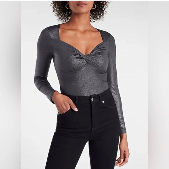 Express Bodysuit Womens Small NEW Body Contour Gray Long Sleeve Metallic Blouse - Picture 1 of 13